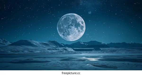 Full Moon Rising Over Snowy Mountain Peaks