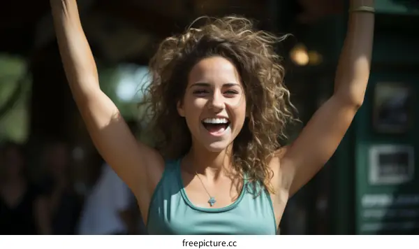 Ecstatic young woman celebrating her success with arms raised in the air