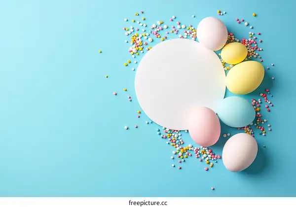 Colorful Easter Eggs and Sprinkles on a Light Blue Background