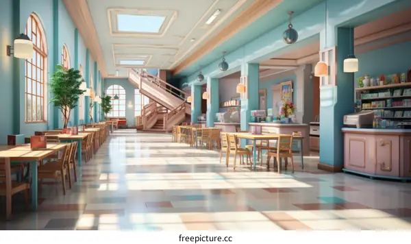 Cafeteria interior with blue and pink pastel colors and large windows