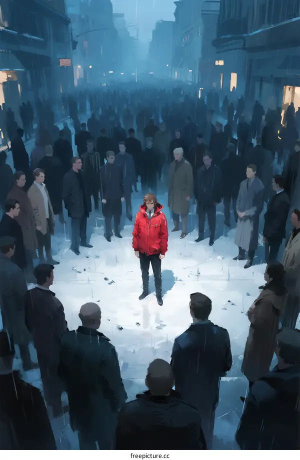 A lone person in a red coat stands among a crowd on a foggy street