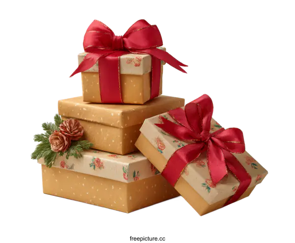 [Transparent Background PNG]Stacked Gift Boxes with Red Ribbons