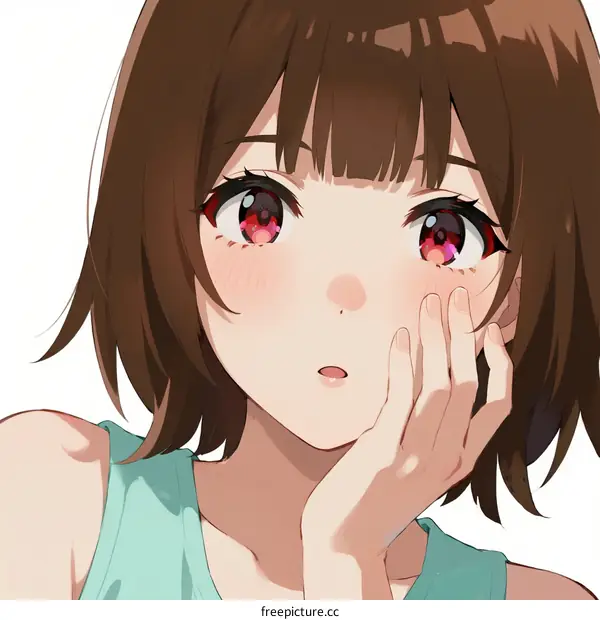 A young girl with short brown hair and red eyes looking surprised