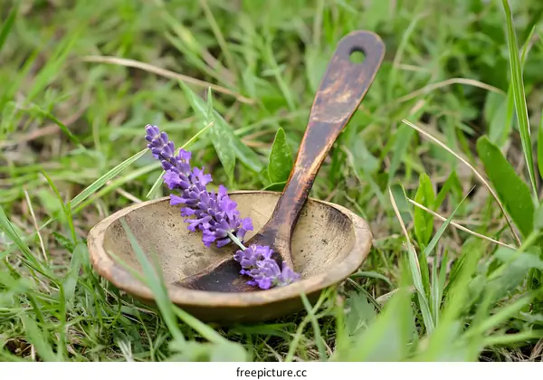 Wooden Bowl with Lavender Flower in the Grass