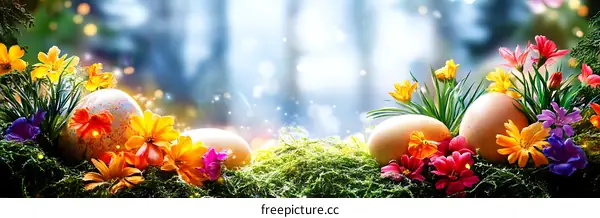 Easter Eggs and Flowers in a Spring Scene