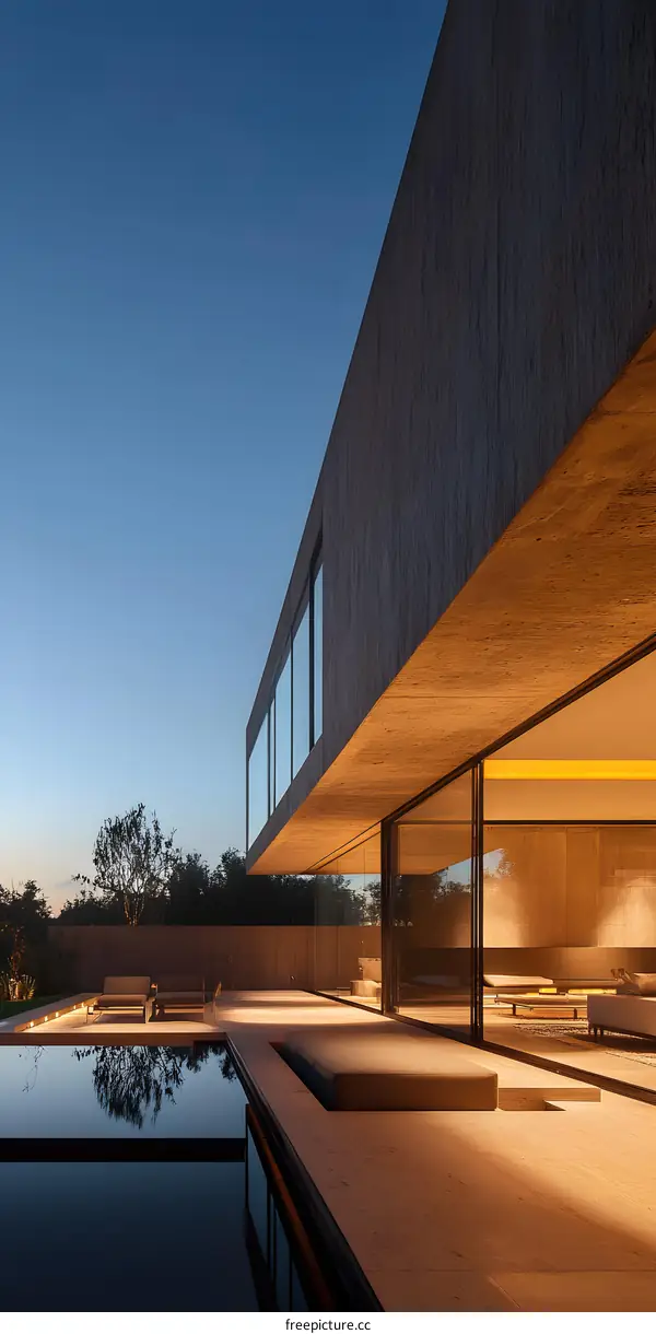 Modern Architecture House With Swimming Pool At Sunset