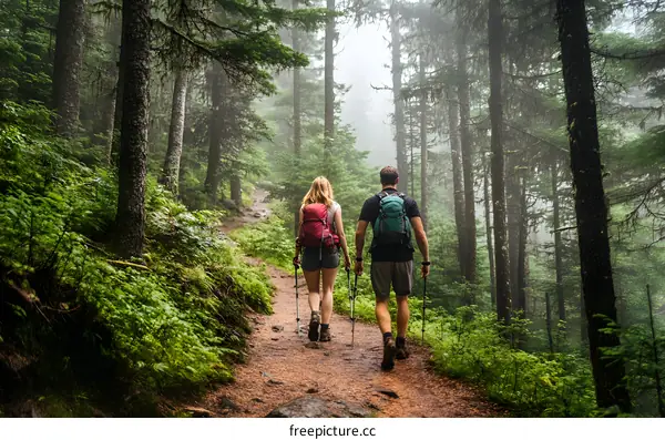 Couple Hiking Through A Foggy Forest Trail