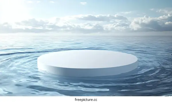 White Circle Platform on Rippled Water, Sky Background