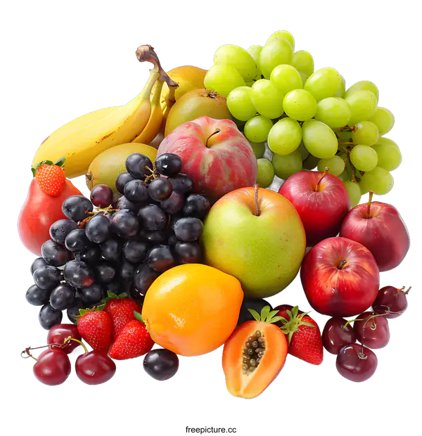 [Transparent Background PNG]Fresh Fruit Arrangement with Green and Red Apples, Grapes, and Cherries