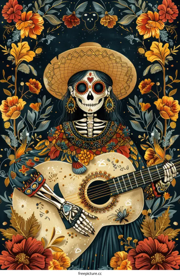 Colorful Skeleton Woman Playing Guitar with Floral Background