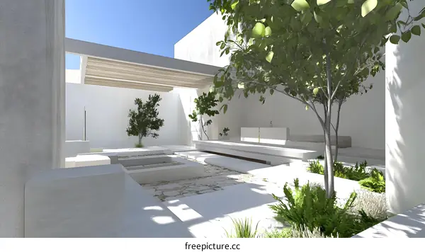Minimalist Modern Courtyard Design with White Walls and Green Plants