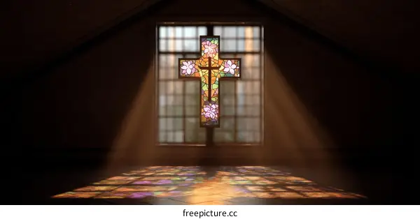 Radiant Cross in a Stained-Glass Window