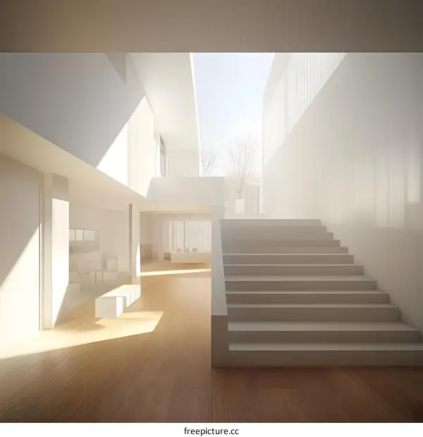 Modern Minimalist Interior Design with Staircase and Sunbeams