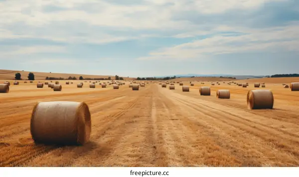 Field of hay bales under blue sky
