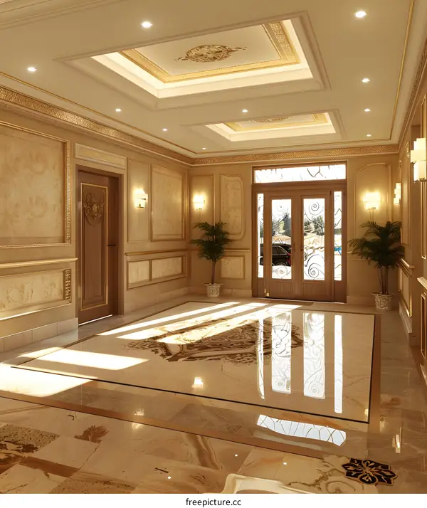 Luxury Interior Design of a Foyer with Marble Flooring and Gold Accents