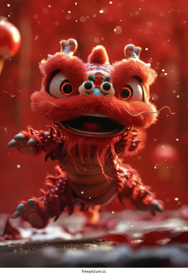 A red furry creature, resembling a lion's head with a long tail, is dancing with joy and excitement.