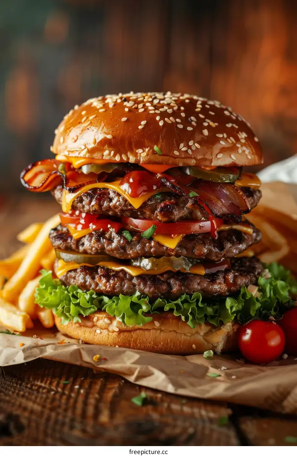 A delicious triple cheeseburger with bacon and fries