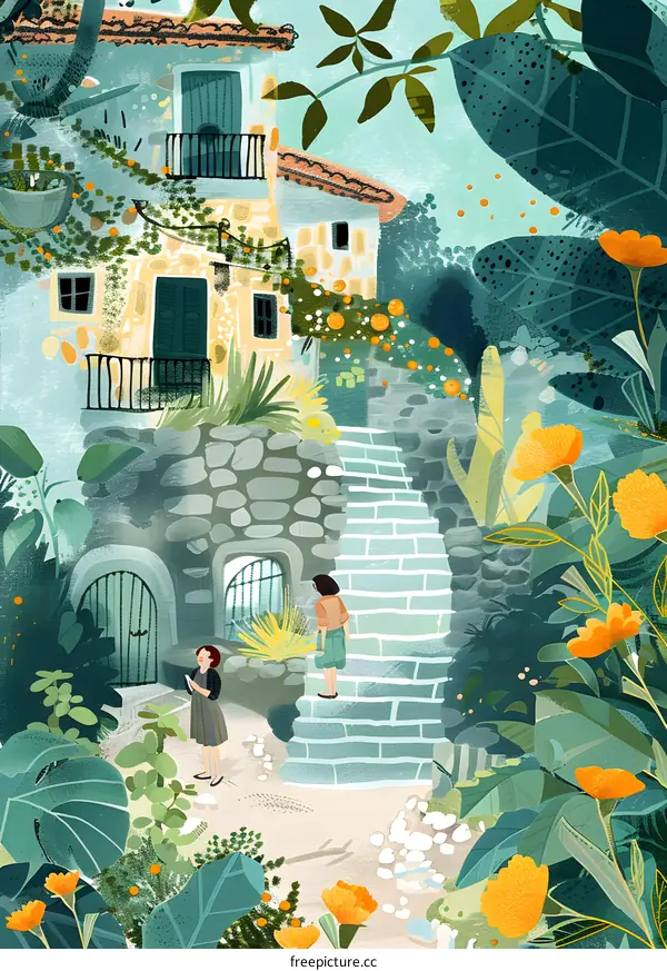 Two Girls Standing on the Stone Steps in Front of a House