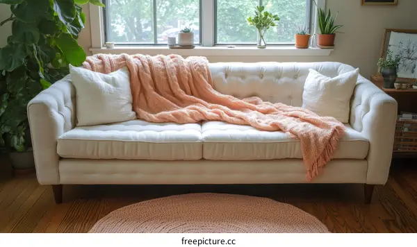 Cream Colored Sofa with a Pink Blanket