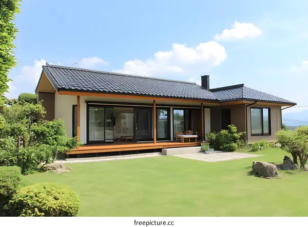 Modern Japanese Style House with Wooden Deck and Green Grass Lawn