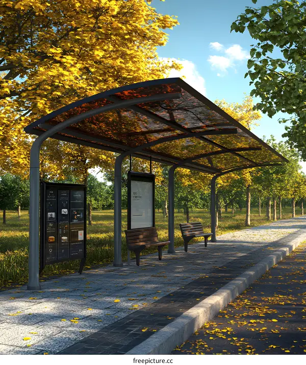 Modern Bus Stop Design With Curved Canopy And Autumn Trees
