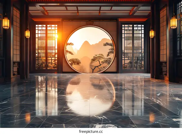 Chinese Hall Interior with Symmetrical Windows