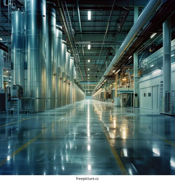 An empty factory building with shiny metal pipes and reflective floors
