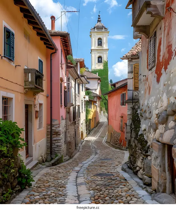 A narrow street with colorful buildings and a bell tower in the distance