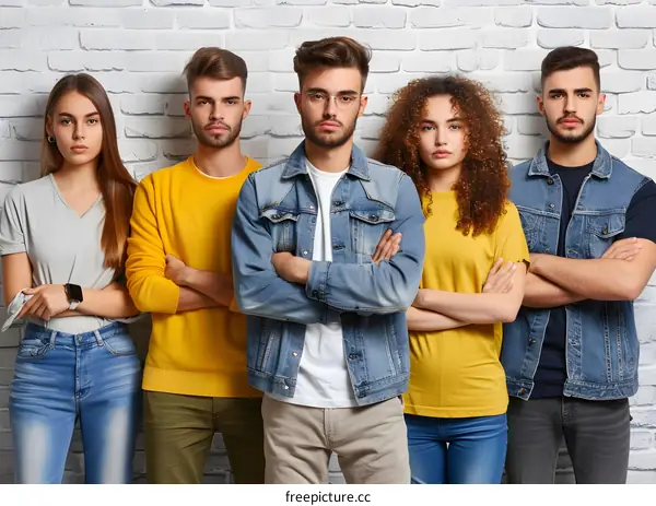 Group of Young People Standing Together Against a White Brick Wall