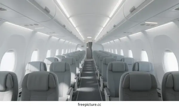 Interior view of empty airplane cabin with rows of seats