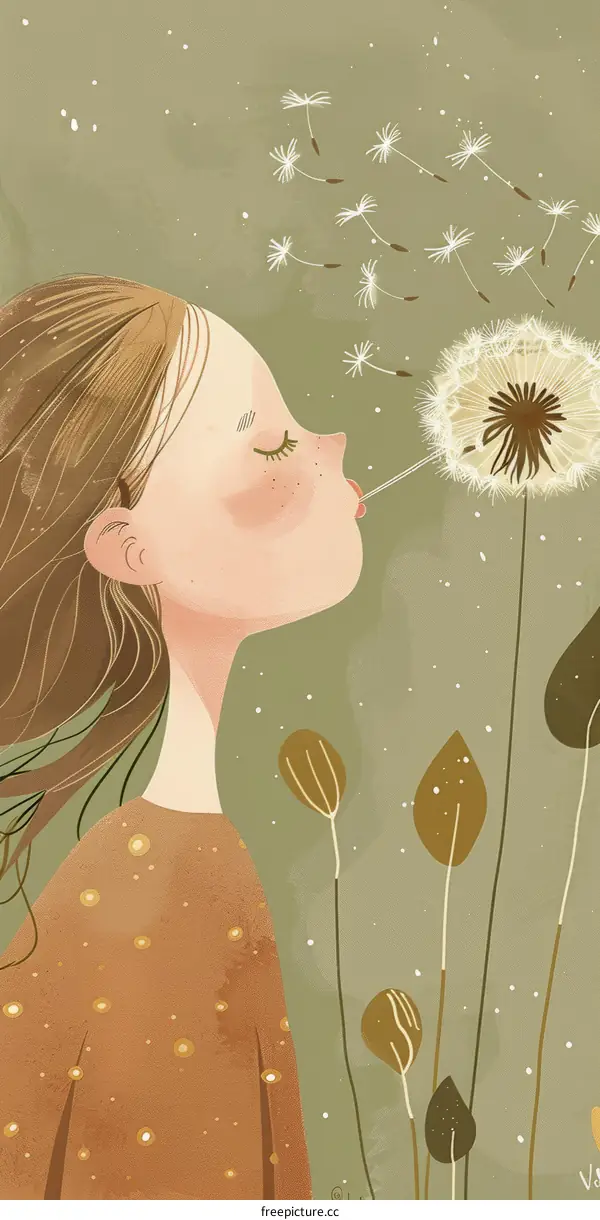 Girl Blowing Dandelion Seeds Illustration