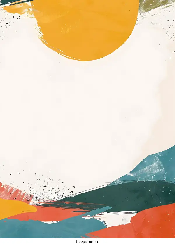 Abstract Landscape Painting with Yellow Circle and Teal Green Hills