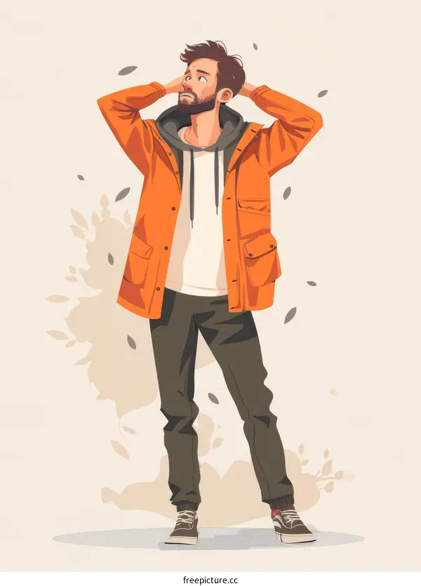 A man wearing an orange jacket standing in a field of flowers