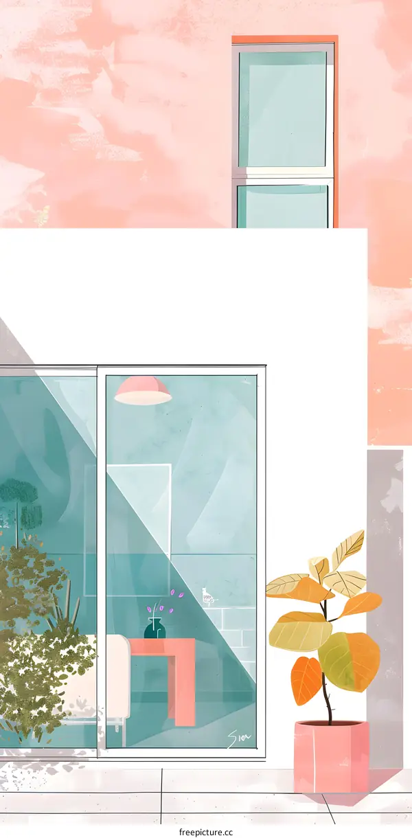 Minimalist Illustration of a House with a Pink Wall