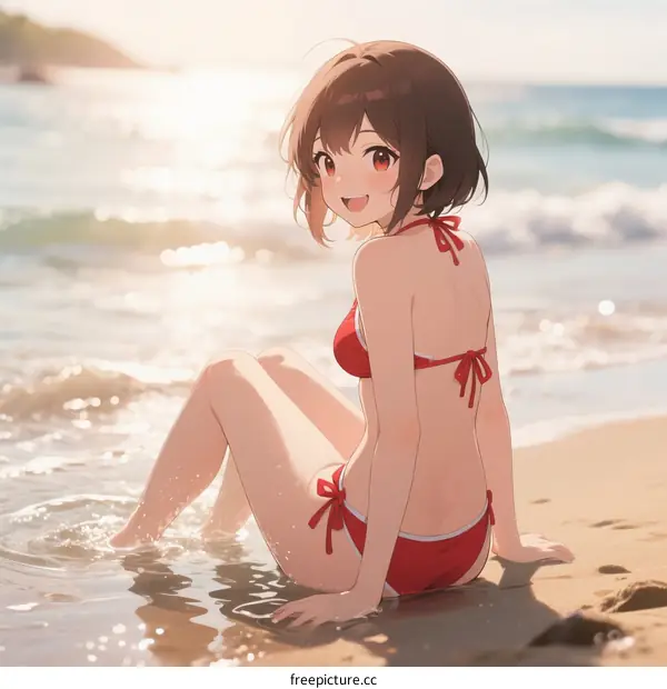 Young girl in red bikini sitting on beach with sea waves