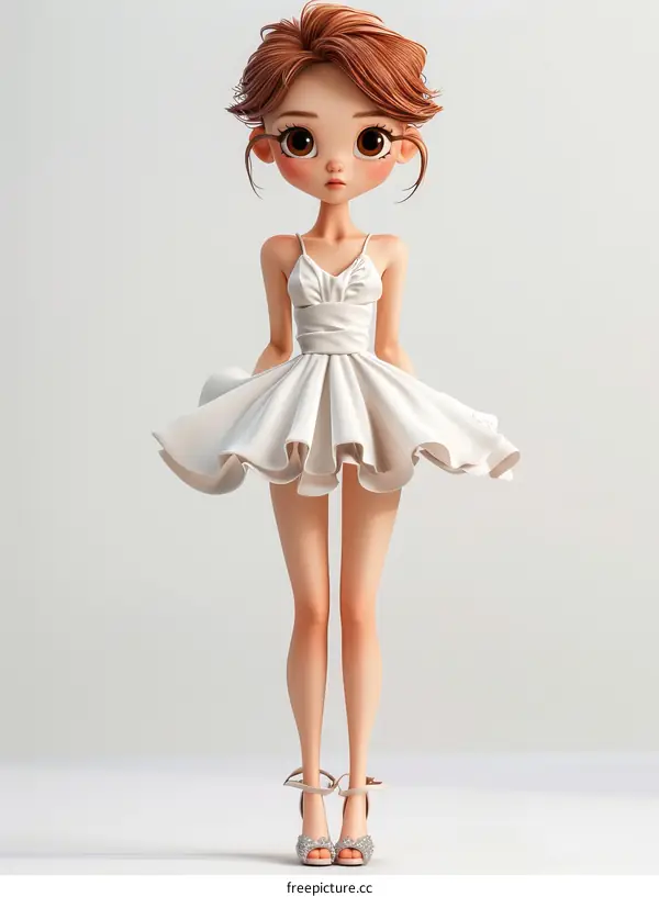 3D illustration of a young woman in a white dress