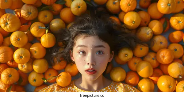 Asian woman lying on a bed of oranges