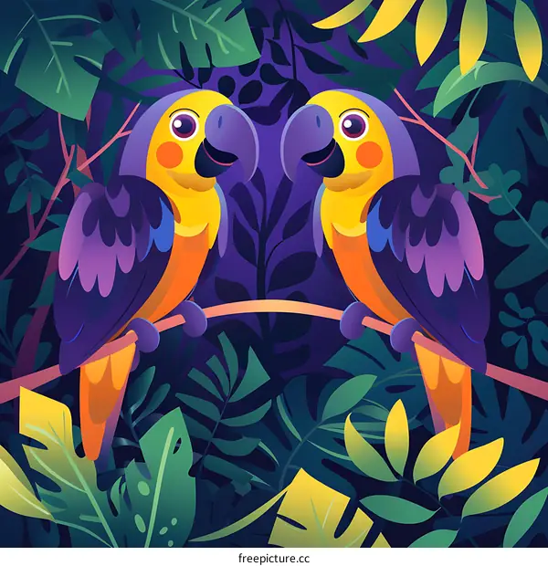 Two Colorful Parrots on Branch in Lush Tropical Rainforest