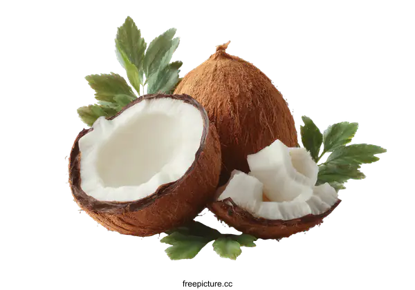 [Transparent Background PNG]Fresh Coconut with Pieces of the Fruit