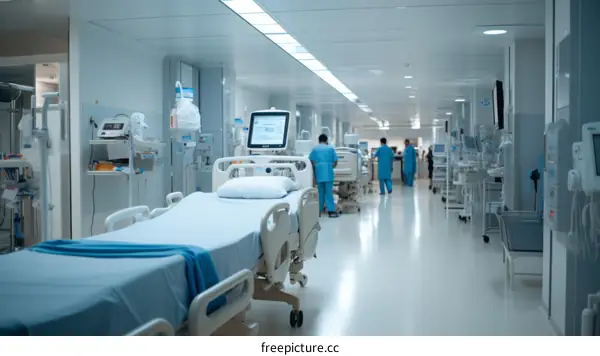 Two healthcare workers wearing blue uniforms walk down a hospital hallway