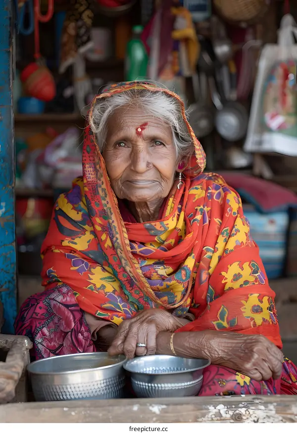 Elderly Indian Woman in Red Sari Smiling at Camera