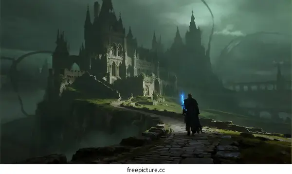 Mysterious Gothic Castle on Cliff with Dark Figure Approaching