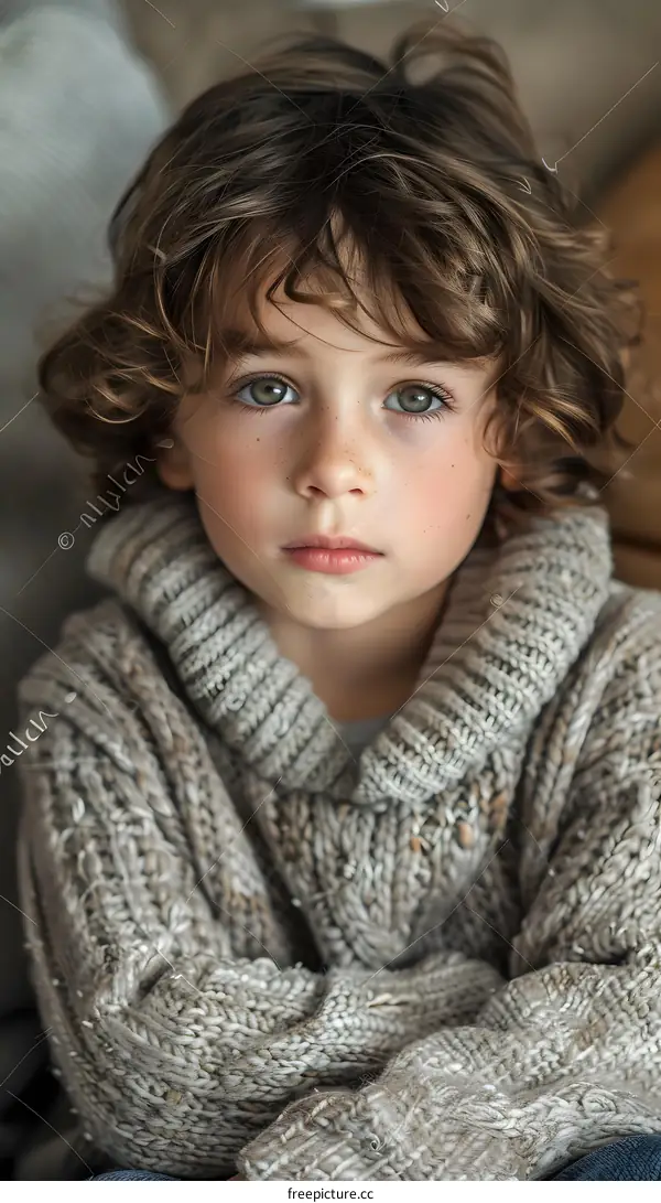 Portrait of a boy with curly brown hair and green eyes