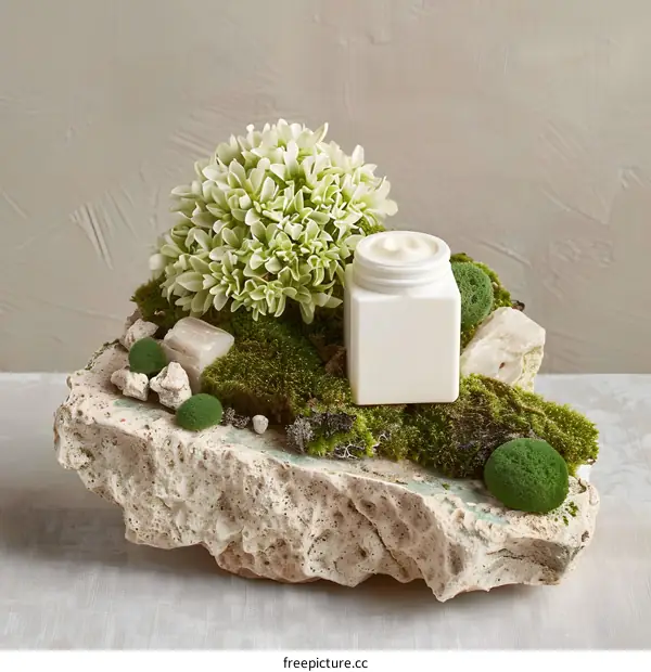 White Cream Jar On A Rock With Green Moss and Flowers