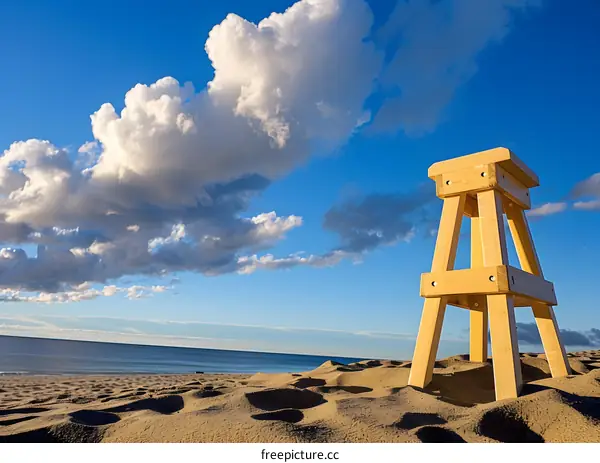 Wooden Stool on Sandy Beach with Blue Sky and Clouds