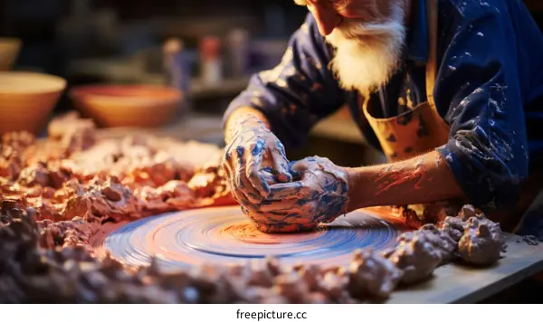 Focused male potter working on a spinning pottery wheel
