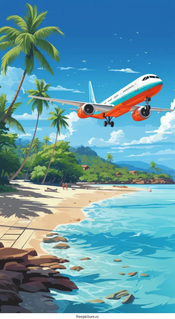 airplane flying over beach with palm trees