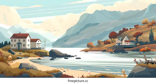 Mountain Landscape Illustration with Houses and a River