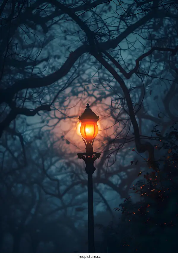 Streetlight in Foggy Forest