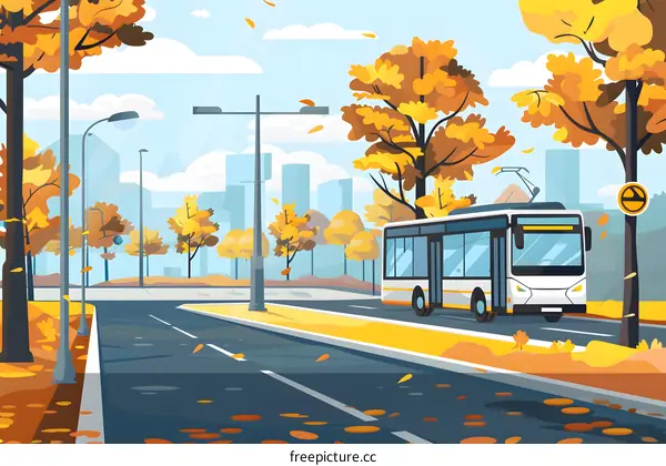Autumn City Street With Bus In The Background